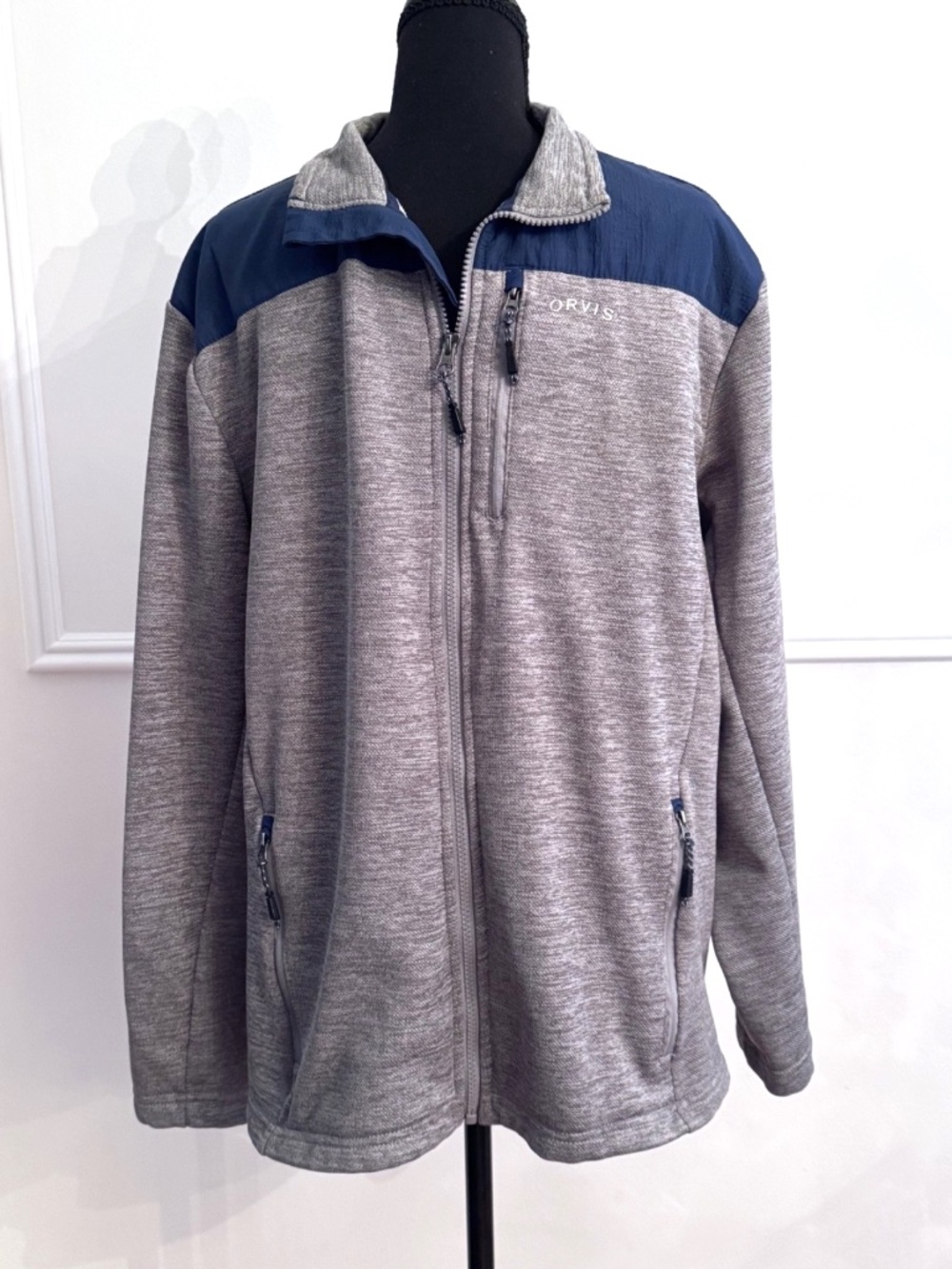 Orvis Mens Large Gray Navy Bonded Fleece Full Zip Storm Flap Performance Jacket